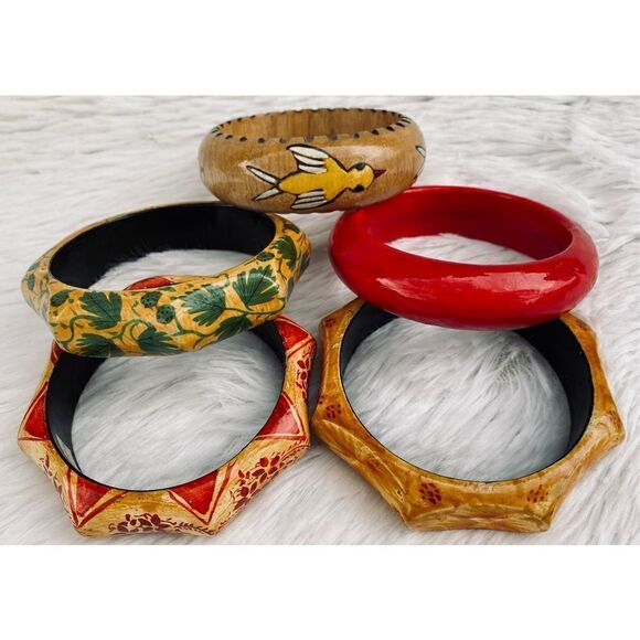Vintage 5 PC Set Wooden Hand Painted Boho Bangles  From India - Picture 10 of 13